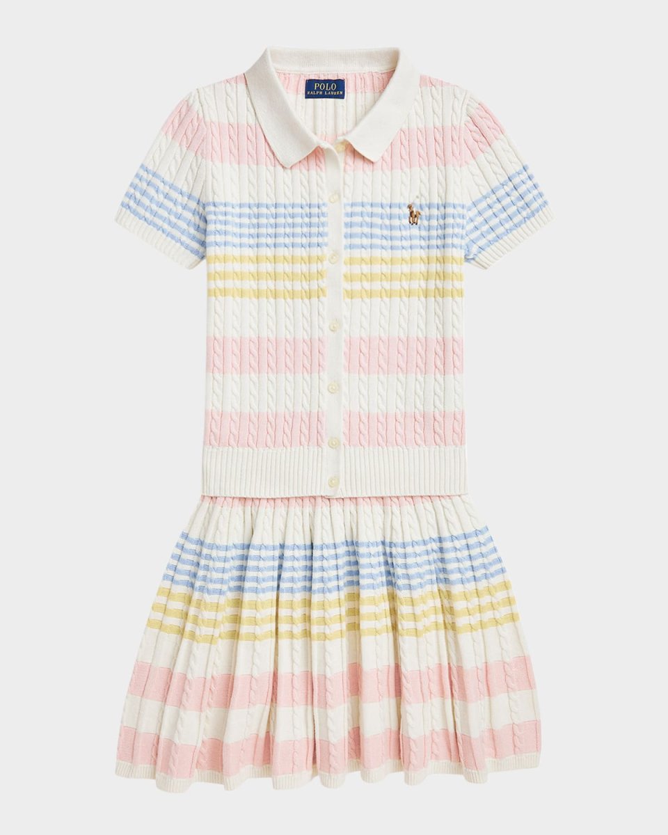 Girl's Two-Piece Stripe Cardigan and Skirt Set, Size S-XL
